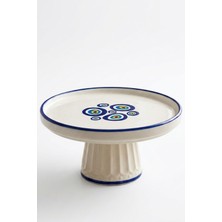 Evcime El Yapımı Ayaklı Seramik Sunum Tabağı & Pasta Standı - Nazar Boncuğu Desenli - 20 cm - Mavi Beyaz