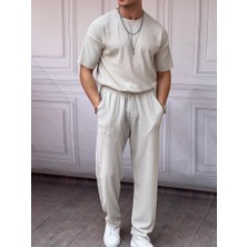 Modefendicom Ince Fitil Desenli Oversize Kalıp Tshirt\'lü Alt Üst Takım