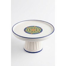 Evcime El Yapımı Ayaklı Seramik Sunum Tabağı & Pasta Standı - Mandala Desenli - 20 cm - Mavi Yeşil Beyaz