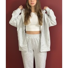 Olleo Kadın Gri Melanj Kapüşonlu Oversize Modal Kumaş Yumuşak Tuşe Fermuarlı Hırka