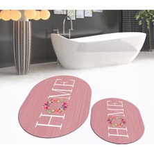PremiumPort Yıkanabilir Oval Ikili Banyo Paspası Seti, Kaymaz Taban, Pembe