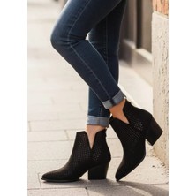 Vess Moda Delikli Transparan Kısa Kalın Topuklu Fermuarlı Şık Western Yazlık Kovboy Bot Ayakkabı Siyah