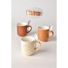Naque Porselen Kaşıklı Kupa Seti, 200ML, 3'lü Set (3 Kupa + 3 Kaşık), Kahve Temalı Desenli, Krem, Açık Kahve ve Kahverengi Renkler