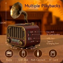 Bategen Nostaljik Gramofon Görünümlü Radyo Bluetooth 5.4 Hoparlör - Type-C | USB | Sd Kart | Aux | 3 Bant Radyo