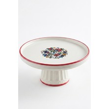 Evcime El Yapımı Ayaklı Seramik Sunum Tabağı & Pasta Standı-Lale Desenli Çini Motifli-20 Cm-Kırmızı Beyaz