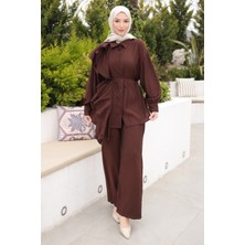 İmaj Butik Kahverengi Volanlı Bel Bağlamalı Tunik Pantolonlu Takım