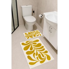 PremiumPort Yaprak Desenli 4'lü Banyo Paspas Takımı, Dijital Baskı ve Makinede Yıkanabilir