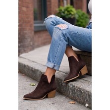 Vess Moda Delikli Transparan Kısa Kalın Topuklu Fermuarlı Şık Western Yazlık Kovboy Bot Ayakkabı Kahve