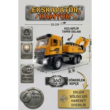 Craftivio Metal Kasa Sesli Işıklı Ekskavatör Kamyon 35 cm - 360 Derece Dönen Kepçeli Çek Bırak Iş Makinesi