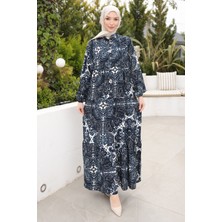 İmaj Butik Lacivert Yarım Düğmeli Kol Lastikli Viskon Elbise