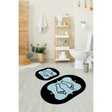 PremiumPort Dijital Baskılı Kaymaz Yıkanabilir Ayak Desenli Oval Banyo Takımı