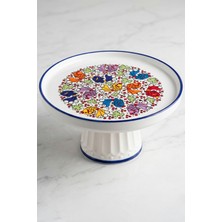 Evcime El Yapımı Ayaklı Seramik Sunum Tabağı & Pasta Standı-Mavi Renkli Balık Desenli-20 Cm-Mavi Beyaz
