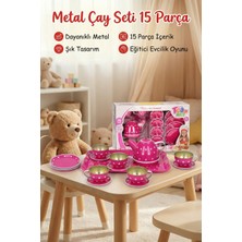Craftivio Pembe Puantiyeli Metal Oyuncak Çay Seti 15 Parça - Eğitici Teneke Evcilik Mutfak Oyun Takımı