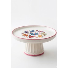 Evcime El Yapımı Ayaklı Seramik Sunum Tabağı & Pasta Standı- Renkli Figürlü Desenli - 20 cm - Kırmızı Beyaz