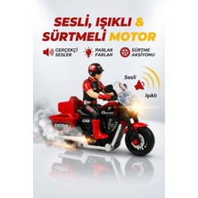 Craftivio Oyuncak Motor Sesli ve Işıklı Sürtmeli Motosiklet Figürlü Yarış Motoru Kırmızı 13 cm