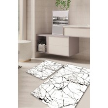 PremiumPort Mermer Desenli Kaymaz Taban Banyo Halısı ve Paspas Takımı (2'li)