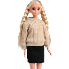 Craftivio Good Girl Örgü Saçlı Kazaklı Model Oyuncak Bebek 30 cm - Kış Serisi Tarz Bebekler (Krem/gri)