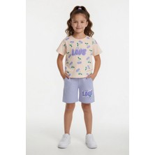 Cansın Mini Lila Kiraz Desenli Love Yazılı Tişörtlü Kız Çocuk Şortlu Takım 23898