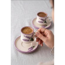 Evcime El Yapımı Mor Lavanta Desenli 2 Kişilik 4 Parça Seramik Fincan Takımı