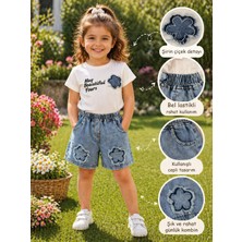 Bulut Anne ve Çocuk Kız Çocuk Kot Denim Cepli Şortlu Çiçek Kabartmalı T-Shirt Şort Takım Şık Bayramlık Rahat