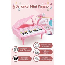 Craftivio Mikrofonlu 24 Tuşlu Pembe Çocuk Piyanosu - Telefon Bağlantılı Eğitici Işıklı Org Müzik Seti