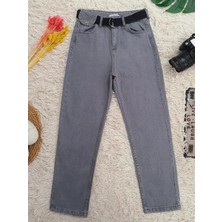 Moda Morfo Metal Tokalı Kemerli Çıt Çıt Detaylı Kot Pantolon -Gri