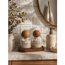 Özgürce 2’li Ahşap Top Kapaklı Cam Pamukluk Seti, Ahşap Standlı, Vintage Etiket