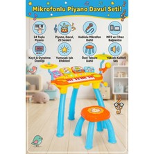 Craftivio Mikrofonlu Işıklı Sesli Çocuk Oyuncak Piyano Davul Seti - Tabureli 24 Tuşlu Eğitici Müzik Aleti