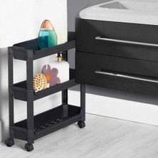 Esmo Home Sadık Plastik Çok Amaçlı Siyah 3 Katlı Tekerlekli Dikdörtgen Banyo Raf Ünitesi