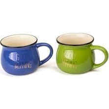 Esmo Home 2'li Görünümlü Renkli Porselen Kupa Seti Good Morning Yazılı 250 Ml,mavi & Yeşil