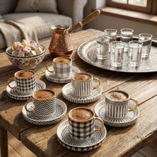 Esmo Home 6 Kişilik Porselen Türk Kahvesi Fincan Takımı - Siyah Beyaz Geometrik Desenli, Kulplu 12 Parça Lüks Sunum Seti