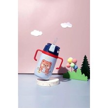 Esmo Home 400ML Silikon Pipetli Sevimli Ayıcıklı Boyun Askılı Bebek Kulplu Paslanmaz Çelik Termos (Lacivert)