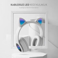 Esmo Home Kedi Kulak Rgb LED Işıklı Kablosuz Bluetooth Kulaklık Mikronlu Hafıza Kartı Girişli Kedi Kulaklık (Beyaz)