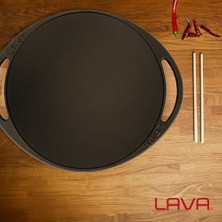 Esmo Home Döküm Saç Kavurma Tavası, Metal Kulplu ve Ahşap Altlıklı, 28CM, Siyah