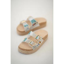 Pabuç Butik Cony Taşlı Tokalı Kadın Terlik Beyaz