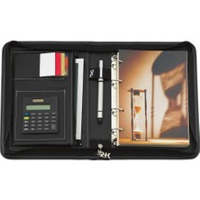 Esmo Home 2k 5280 Ajanda Tarihsiz Kareli Deri Fermuarlı 4 Halka Mekanizmalı Hesap Makineli Organizer, Siyah, 21X27 Cm.