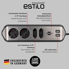 Esmo Home Estilo Mutfak ve Ofis Için Çelik Yüzeyli Köşeli 4 Soketli 2 USB Li 2 mt Uzatma Kablo