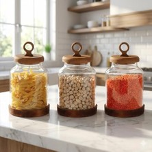 Esmo Home Amberhaus 3'lü Ring Serisi Akasya Kapaklı ve Tabanlı Borosilikat Cam Kavanoz Seti - 1100 ml Vakumlu Bakliyat ve Kurabiye Saklama Kabı (20X11.5 Cm)
