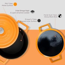 Esmo Home Lava Metal Spring Serisi - Döküm Tencere, Yuvarlak, 20 Cm, Mat Emaye, Parlak Siyah Taban, Turuncu