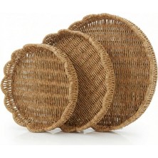 Esmo Home Amberhaus 3'lü Doğal Rattan Örgü Yuvarlak Tepsi Seti - Hasır Sunum ve Servis Tepsisi - Bohem Dekoratif Organizer (35-30-25 Cm)