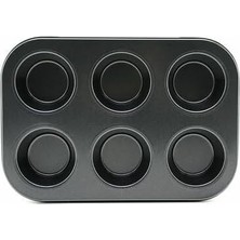 Esmo Home 6 Gözlü Metal Muffin ve Cupcake Kalıbı - Siyah Yanmaz Yapışmaz Fırın Tepsisi, Düz Kek, Sufle ve Turta Tavası