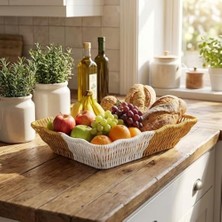 Esmo Home Buffer Dikdörtgen Çift Renkli Plastik Rattan Sepet, Ekmek ve Meyve Sepeti, Çok Amaçlı Banyo ve Mutfak Düzenleyici, 28X22X7 Cm, 3 Parça
