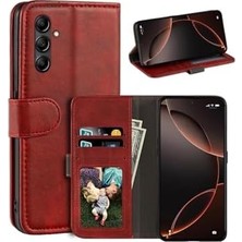 Esmo Home - Galaxy S25 Fe ile Uyumlu Kılıf 360 Tam Kaplar Deri Dokulu Kapaklı Cüzdan Standlı Kartvizitli Kapak - Kırmızı