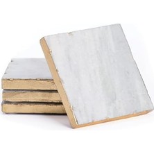 Esmo Home Thirstystone Kare Beyaz Mermer/altın Kenarlı Bardak Altlıkları, Kaymaz Köpük Destekli Tamamen Doğal Taşlar, Içecek Emici ve Masayı Korur, 4'lü Set