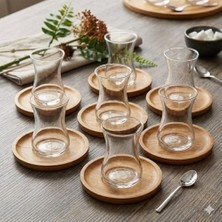 Esmo Home Çay Bardağı ve Bambu Ahşap Altlık Seti, 6 Bardak ve 6 Altlık, Şeffaf Cam, Doğal Bambu