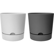 Yenibağ Begonya Saksı Tabaklı Drenajlı Mat Plastik Çiçek Saksısı (2 Adet, 9 Litre, 25CM, Beyaz&gri)