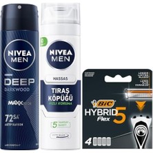 Esmo Home Men Erkek Sprey Deodorant Deep Dimension Darkwood 150ML + Tıraş Köpüğü 200 ml + Bıc Hybrid 5 4'lü Yedek Tıraş Bıçağı Kartuşu (5 Bıçak)