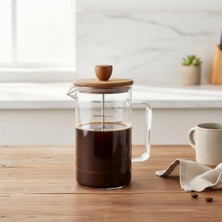 Esmo Home Deconox Akasya Ahşap Kapaklı Borosilikat Cam French Press - Ölçü Çizgili Kahve ve Çay Demliği (350ML ve 600ML Boy Seçenekli) (600ML)