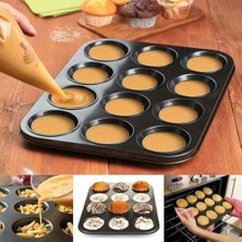 Esmo Home 12 Bölmeli Yapışmaz Karbon Çelik Muffin ve Cupcake Kek Kalıbı - Siyah Standart Boy Fırın Tepsisi