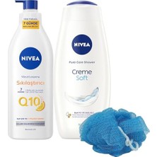 Esmo Home Q10 Sıkılaştırıcı Vücut Losyonu 400ML ve Creme Soft Kremsi Dokunuş Duş Jeli 500ML, Banyo Lifi Hediye